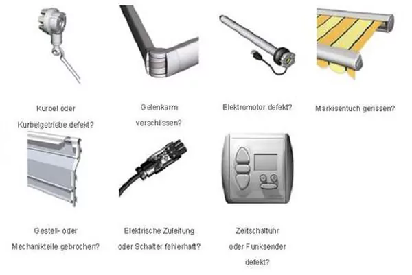 Weiße Außenjalousie Bauteile die bei Markisen defekt sein können.